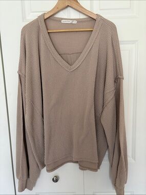 Altar'd State Taupe V-Neck Waffle Knit Pullover